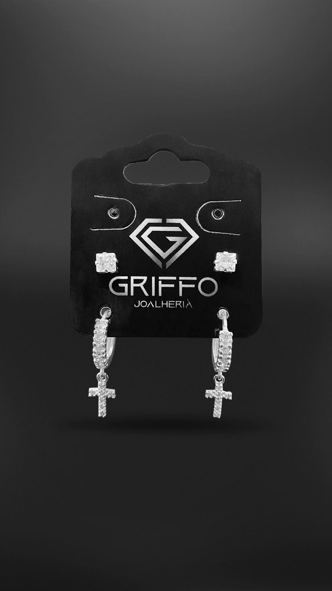 Kit Argola Cravejada Com Cruz e Zircônia Quadrado 4mm