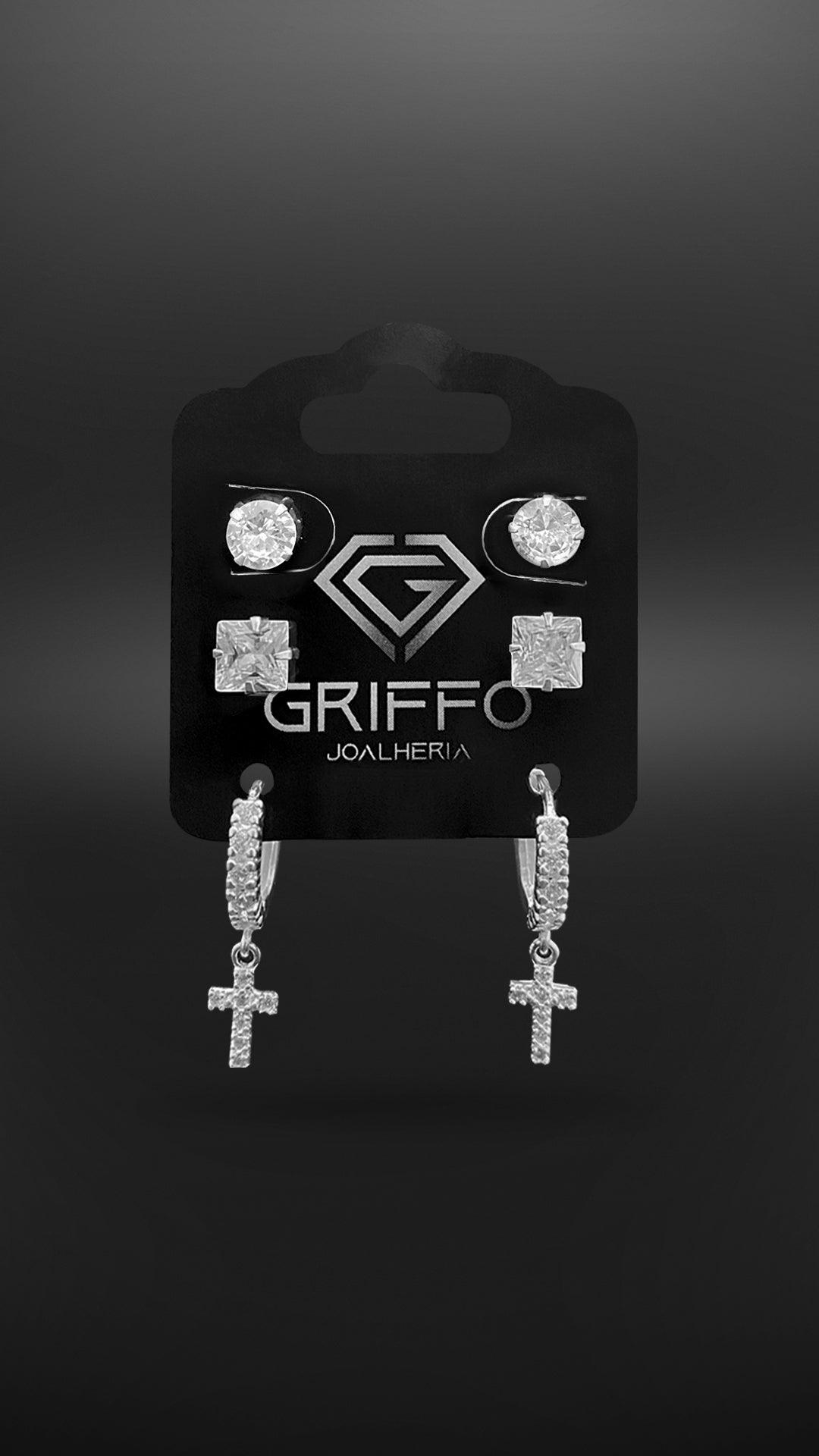 Kit Argola Cravejada com Cruz, Zircônia Redondo 7mm e Zircônia Quadrado 6mm
