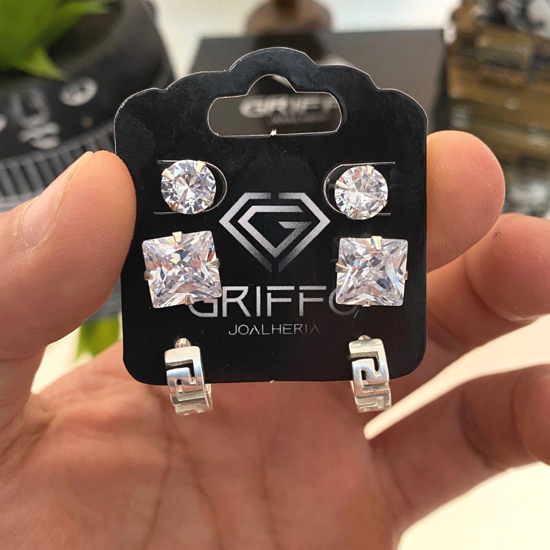 Kit Argola Versace 10mm, Zircônia Quadradro 10mm e Zircônia Redondo 7mm - Griffo Joalheria